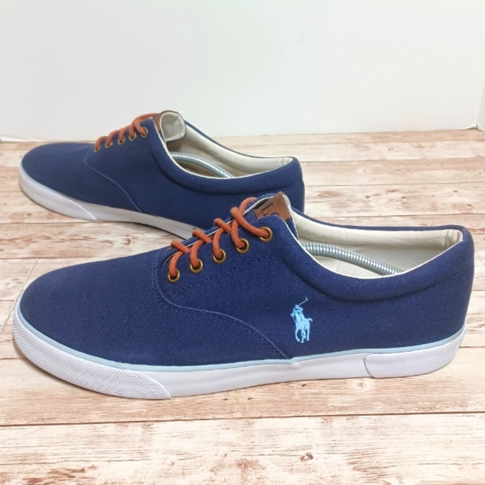 Polo by Ralph Lauren Navy Blue Brown Canvas Sneakers Tennis Shoes Size 14D